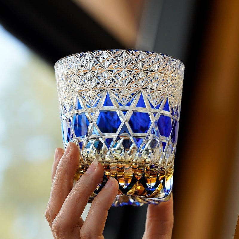 Handcrafted Edo Kiriko Sapphire Fluorite whisky glass, Japanese cut crystal tumbler by Viko
