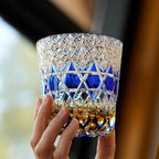 Handcrafted Edo Kiriko Sapphire Fluorite whisky glass, Japanese cut crystal tumbler by Viko