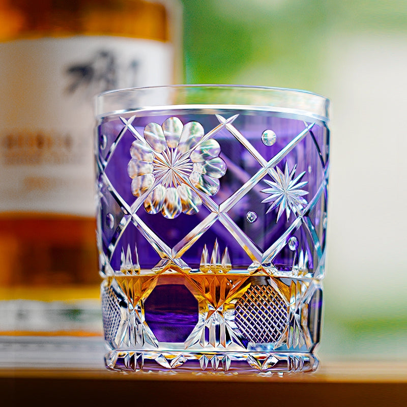 Handcrafted Edo Kiriko Violet Kohana Blossom whisky glass, Japanese cut crystal tumbler by Viko