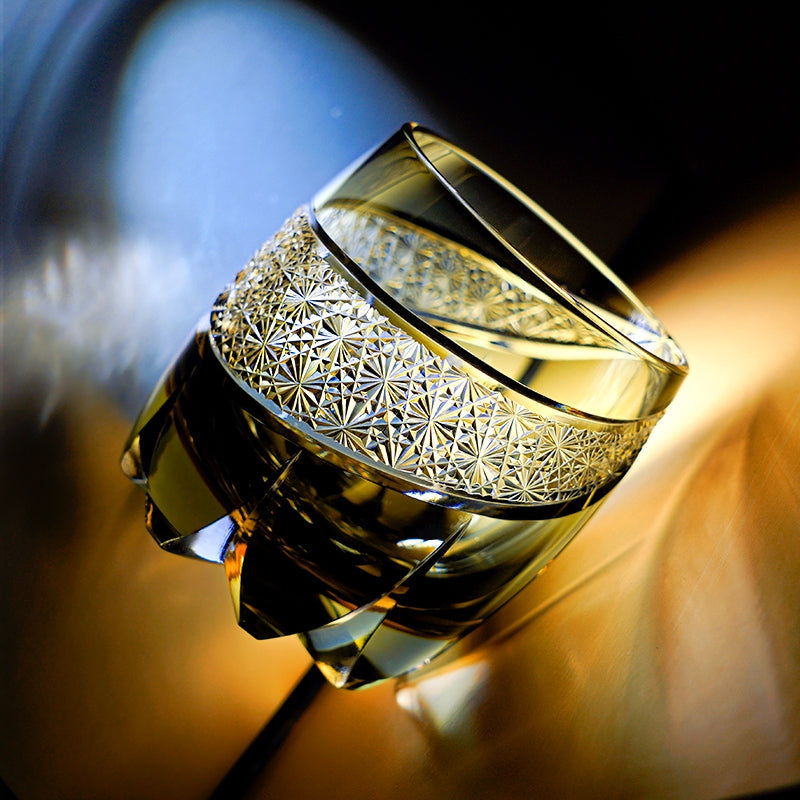 Handcrafted Edo Kiriko Obsidian Lightning whisky glass, Japanese cut crystal tumbler by Viko