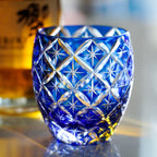 Handcrafted Edo Kiriko Sapphire Shippo whisky glass, Japanese cut crystal tumbler by Viko