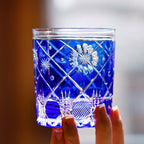Handcrafted Edo Kiriko Royal Blue Kohana Blossom whisky glass, Japanese cut crystal tumbler by Viko