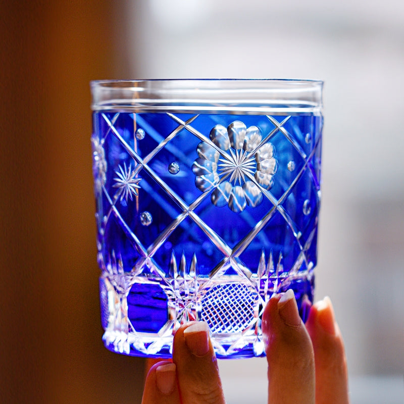 Handcrafted Edo Kiriko Royal Blue Kohana Blossom whisky glass, Japanese cut crystal tumbler by Viko