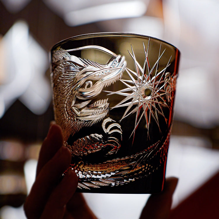 Handcrafted Edo Kiriko Soaring Dragon whisky glass, Japanese cut crystal tumbler by Viko