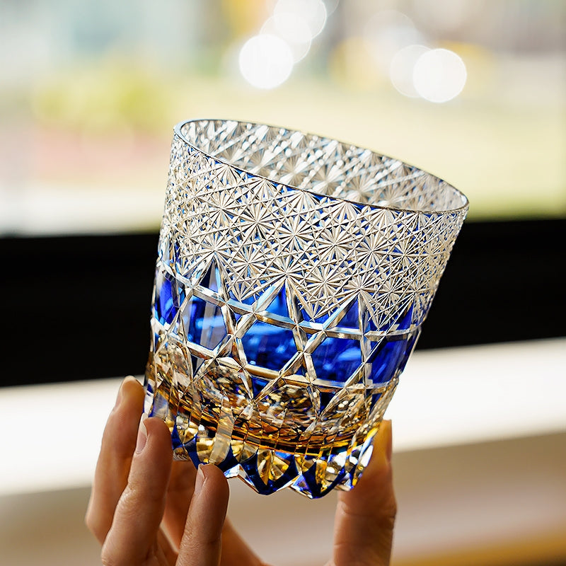 Handcrafted Edo Kiriko Sapphire Fluorite whisky glass, Japanese cut crystal tumbler by Viko