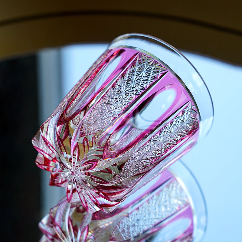 Handcrafted Edo Kiriko Ruby Agave whisky glass, Japanese cut crystal tumbler by Viko