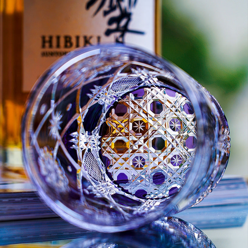 Handcrafted Edo Kiriko Violet Kohana Blossom whisky glass, Japanese cut crystal tumbler by Viko