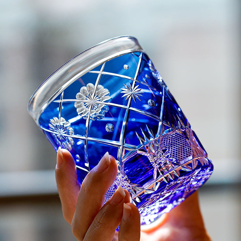 Handcrafted Edo Kiriko Royal Blue Kohana Blossom whisky glass, Japanese cut crystal tumbler by Viko