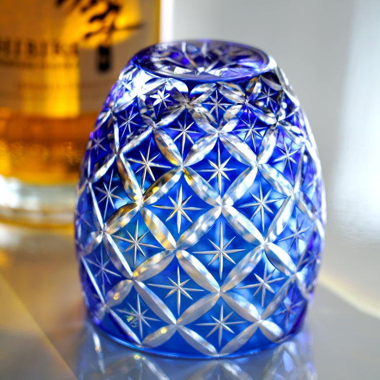 Handcrafted Edo Kiriko Sapphire Shippo whisky glass, Japanese cut crystal tumbler by Viko