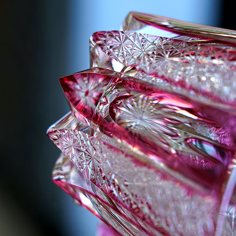 Handcrafted Edo Kiriko Ruby Agave whisky glass, Japanese cut crystal tumbler by Viko