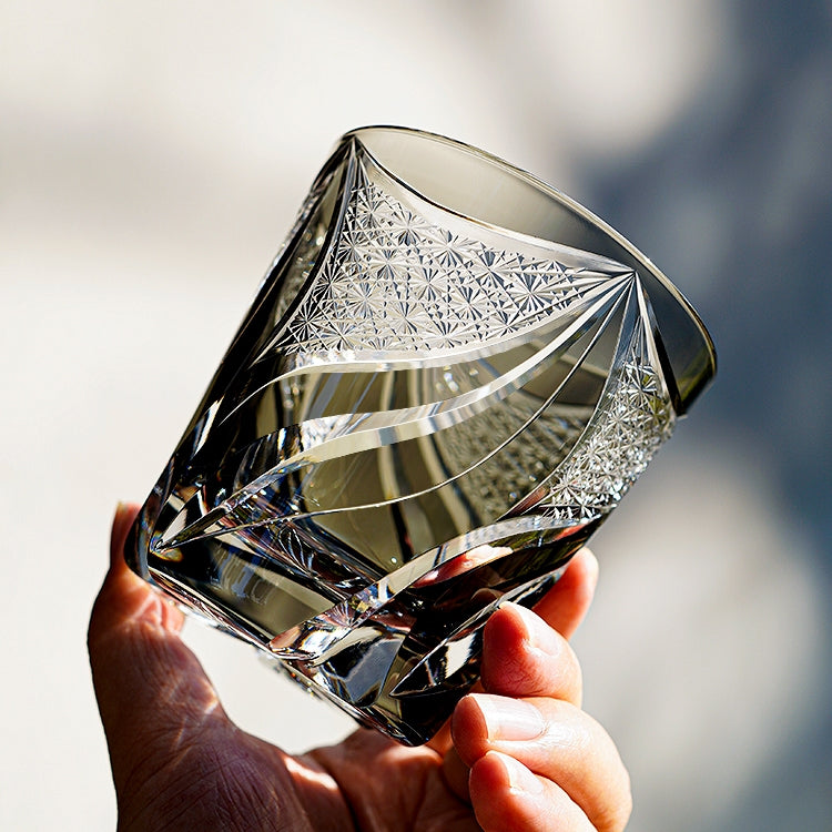 Handcrafted Edo Kiriko Inkstone Flame whisky glass, Japanese cut crystal tumbler by Viko