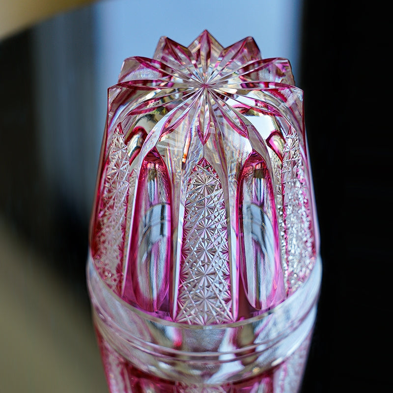 Handcrafted Edo Kiriko Ruby Agave whisky glass, Japanese cut crystal tumbler by Viko