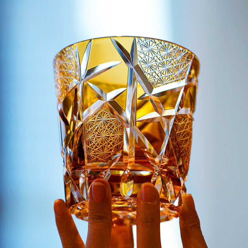 Handcrafted Edo Kiriko Amber Crane Lightning whisky glass, Japanese cut crystal tumbler by Viko