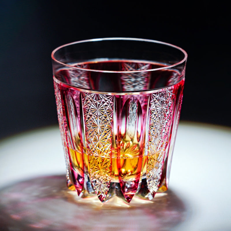Handcrafted Edo Kiriko Ruby Agave whisky glass, Japanese cut crystal tumbler by Viko
