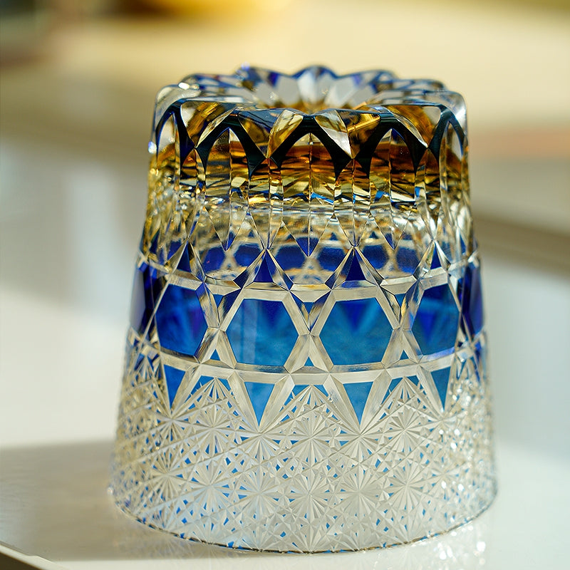 Handcrafted Edo Kiriko Sapphire Fluorite whisky glass, Japanese cut crystal tumbler by Viko