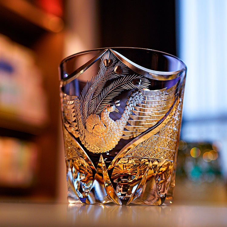 Handcrafted Edo Kiriko Dancing Phoenix whisky glass, Japanese cut crystal tumbler by Viko
