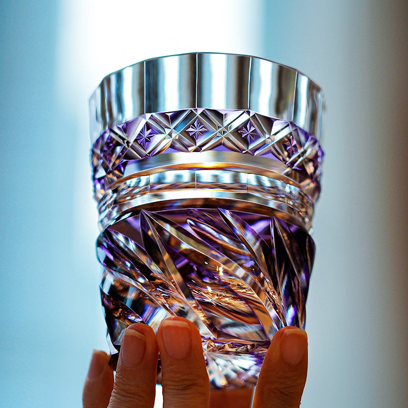 Handcrafted Edo Kiriko Violet Kaze whisky glass, Japanese cut crystal tumbler by Viko
