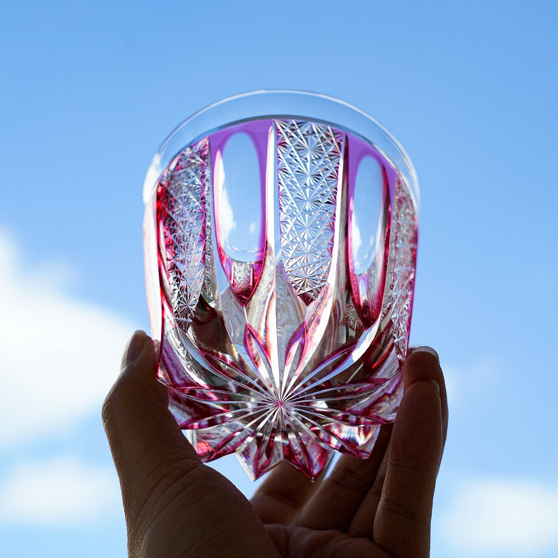 Handcrafted Edo Kiriko Ruby Agave whisky glass, Japanese cut crystal tumbler by Viko
