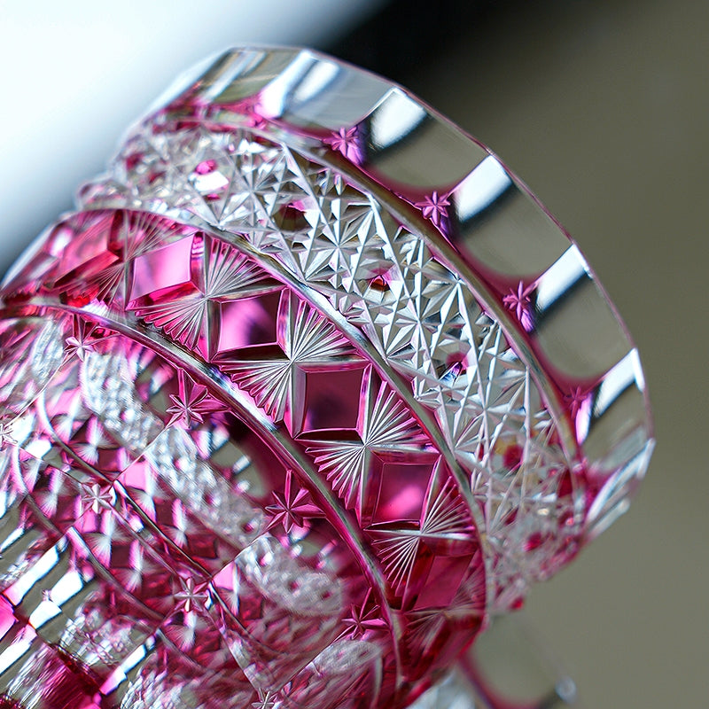 Handcrafted Edo Kiriko Ruby Aurora whisky glass, Japanese cut crystal tumbler by Viko