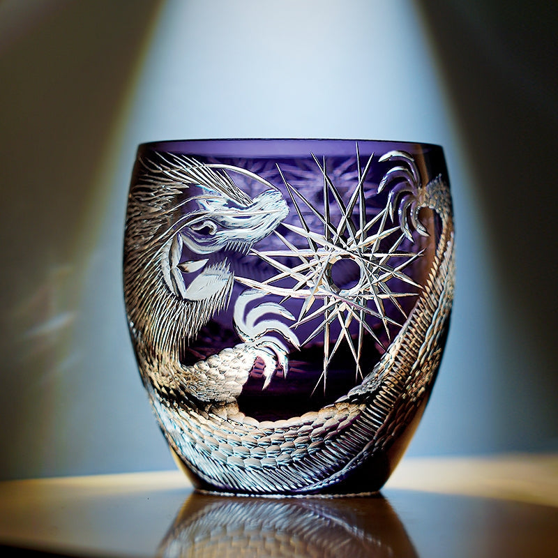 Handcrafted Edo Kiriko Majestic Dragon whisky glass, Japanese cut crystal tumbler by Viko