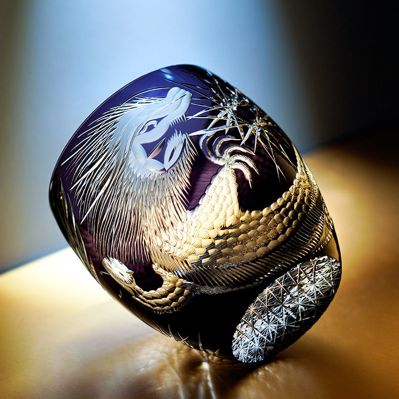 Handcrafted Edo Kiriko Majestic Dragon whisky glass, Japanese cut crystal tumbler by Viko