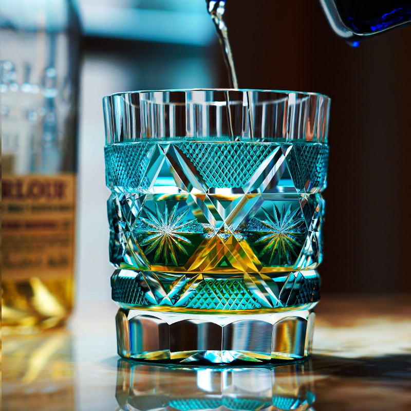 Handcrafted Edo Kiriko Kiku Suji whisky glass, Japanese cut crystal tumbler by Viko