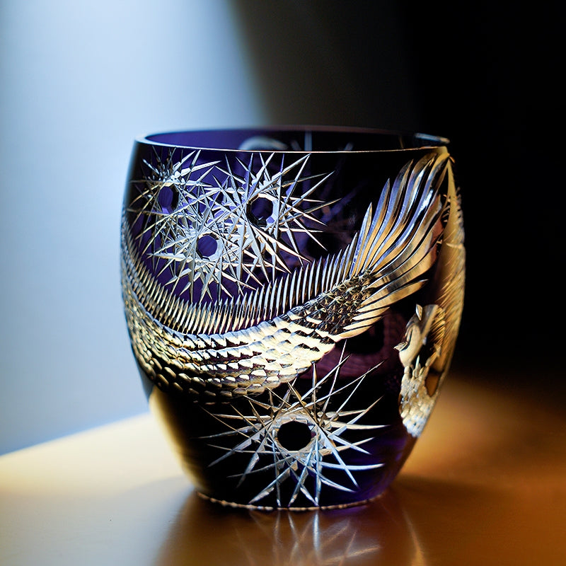 Handcrafted Edo Kiriko Majestic Dragon whisky glass, Japanese cut crystal tumbler by Viko