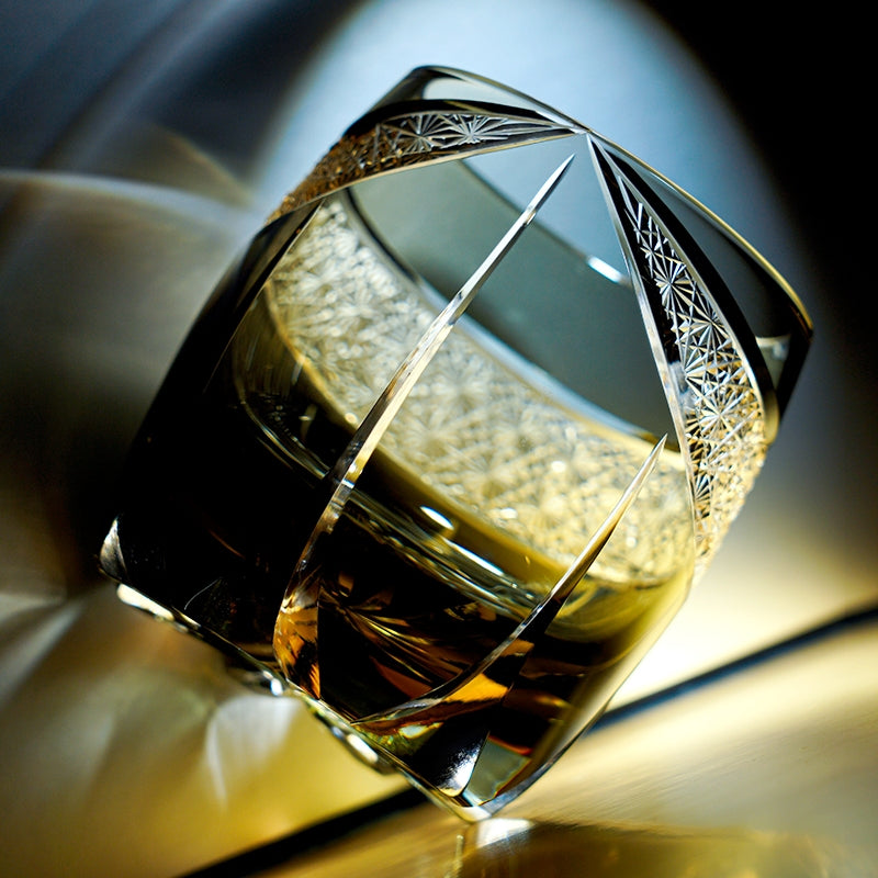Handcrafted Edo Kiriko Obsidian Lightning whisky glass, Japanese cut crystal tumbler by Viko