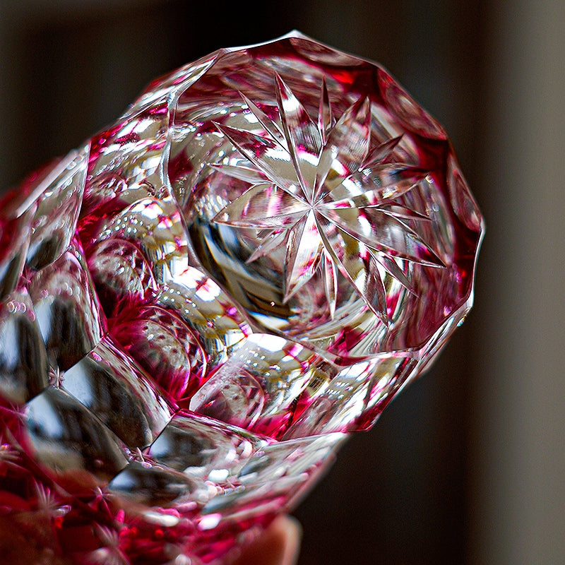 Handcrafted Edo Kiriko Ruby Aurora whisky glass, Japanese cut crystal tumbler by Viko