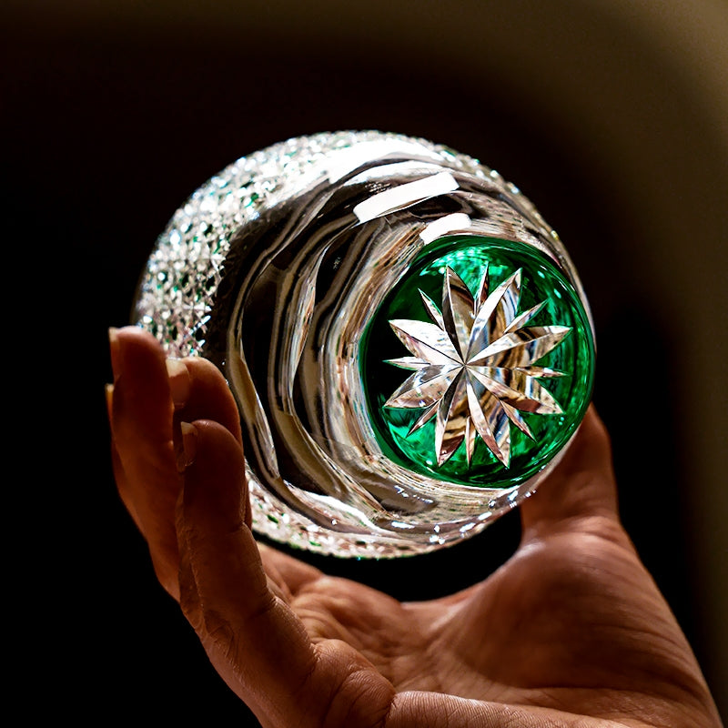 Handcrafted Edo Kiriko Celestial Green Starburst whisky glass, Japanese cut crystal tumbler by Viko