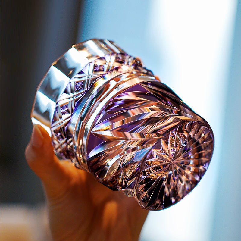 Handcrafted Edo Kiriko Violet Kaze whisky glass, Japanese cut crystal tumbler by Viko