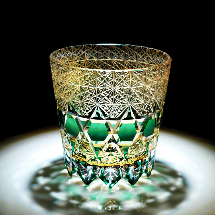 Handcrafted Edo Kiriko Emerald Fluorite whisky glass, Japanese cut crystal tumbler by Viko
