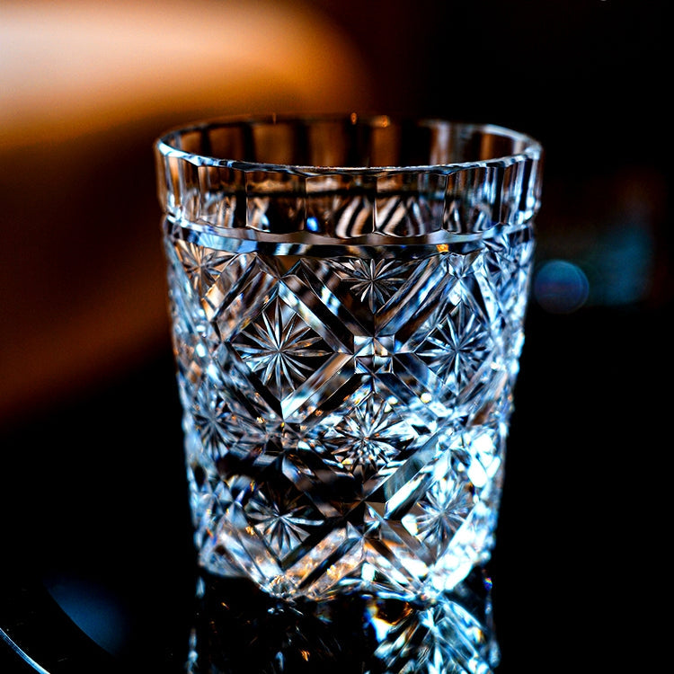 Handcrafted Edo Kiriko Hana Blossom whisky glass, Japanese cut crystal tumbler by Viko