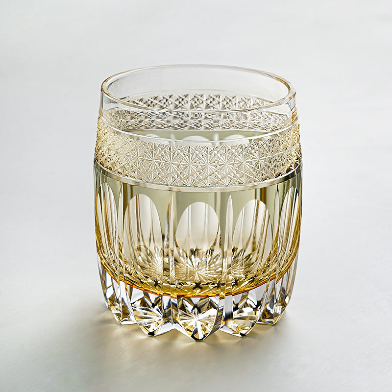 Handcrafted Edo Kiriko Amber Celestial whisky glass, Japanese cut crystal tumbler by Viko