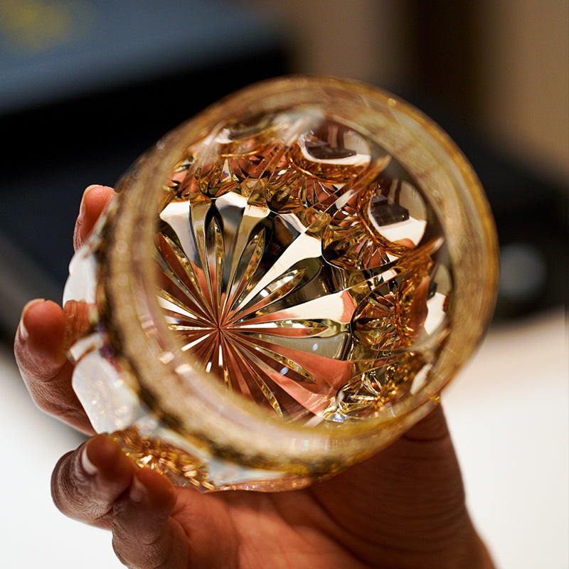 Handcrafted Edo Kiriko Amber Celestial whisky glass, Japanese cut crystal tumbler by Viko