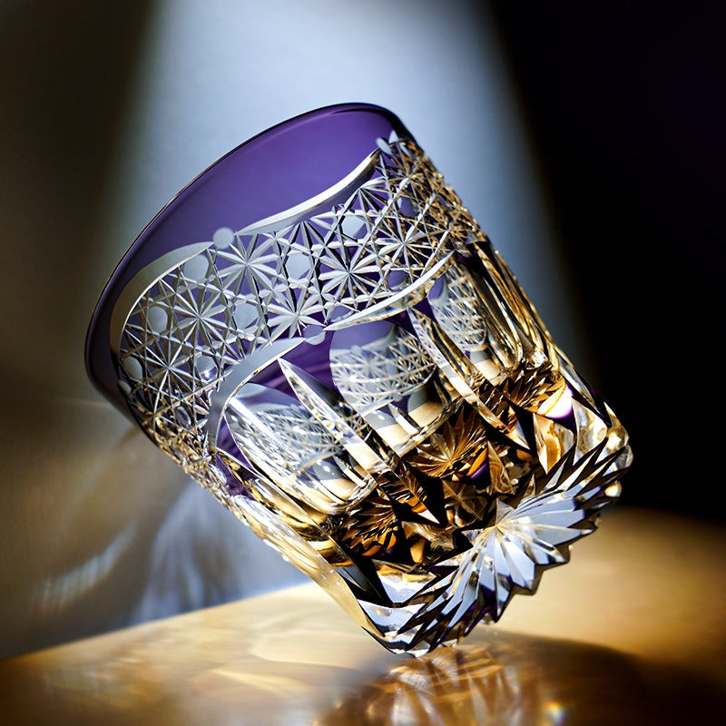 Handcrafted Edo Kiriko Amethyst Prism whisky glass, Japanese cut crystal tumbler by Viko