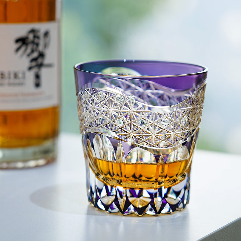 Handcrafted Edo Kiriko Amethyst Prism whisky glass, Japanese cut crystal tumbler by Viko