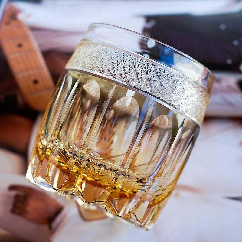 Handcrafted Edo Kiriko Amber Celestial whisky glass, Japanese cut crystal tumbler by Viko