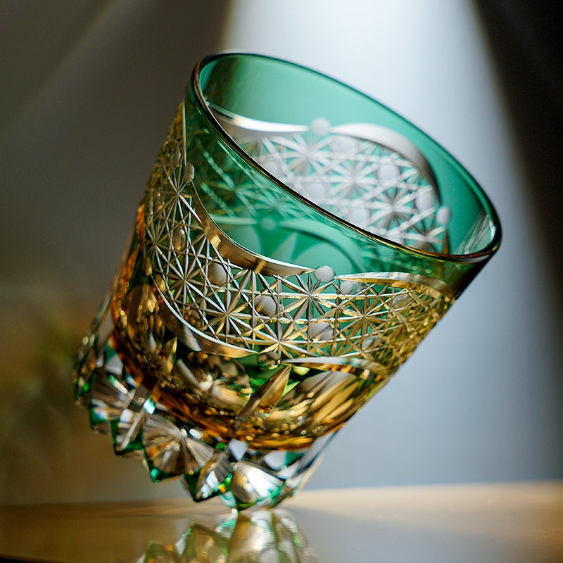 Handcrafted Edo Kiriko Emerald Prism whisky glass, Japanese cut crystal tumbler by Viko