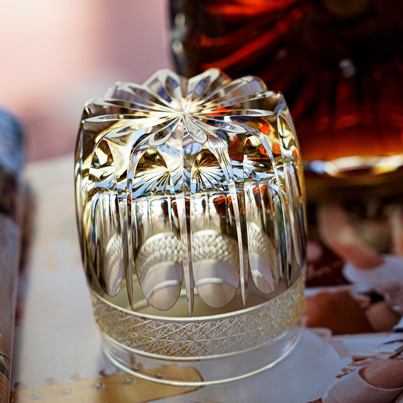 Handcrafted Edo Kiriko Amber Celestial whisky glass, Japanese cut crystal tumbler by Viko