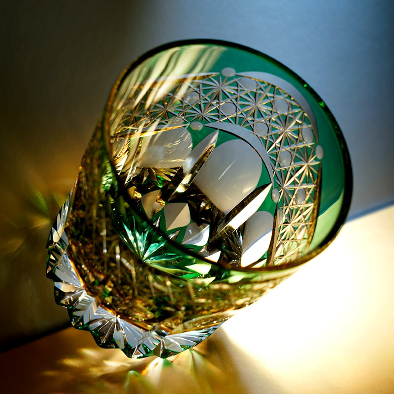 Handcrafted Edo Kiriko Emerald Prism whisky glass, Japanese cut crystal tumbler by Viko