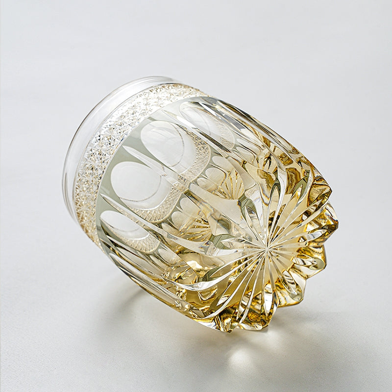 Handcrafted Edo Kiriko Amber Celestial whisky glass, Japanese cut crystal tumbler by Viko