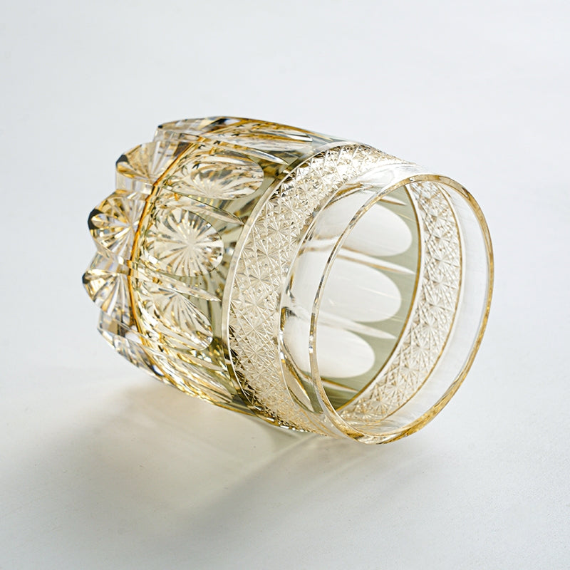Handcrafted Edo Kiriko Amber Celestial whisky glass, Japanese cut crystal tumbler by Viko
