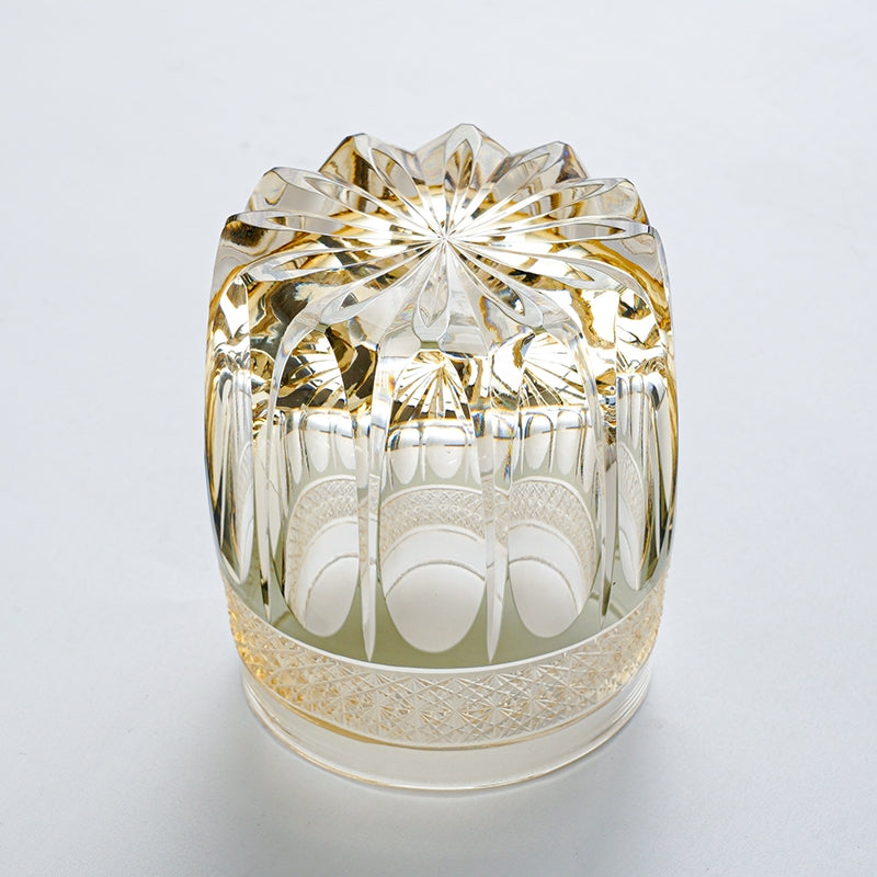 Handcrafted Edo Kiriko Amber Celestial whisky glass, Japanese cut crystal tumbler by Viko