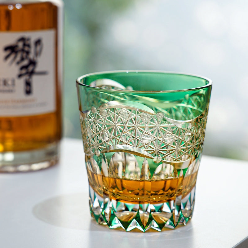 Handcrafted Edo Kiriko Emerald Prism whisky glass, Japanese cut crystal tumbler by Viko