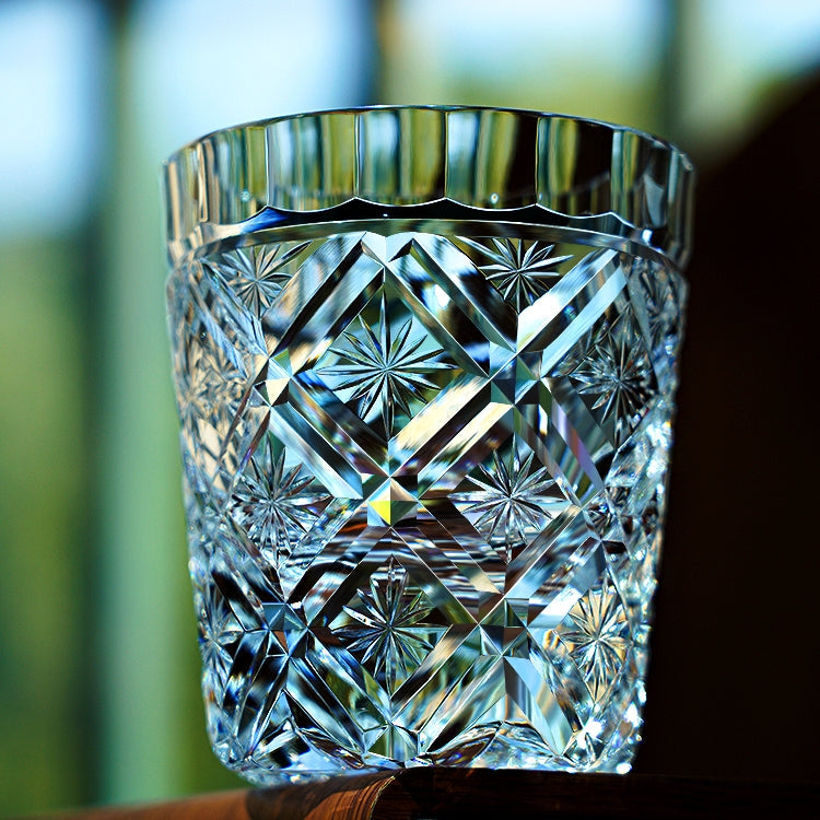 Handcrafted Edo Kiriko Hana Blossom whisky glass, Japanese cut crystal tumbler by Viko