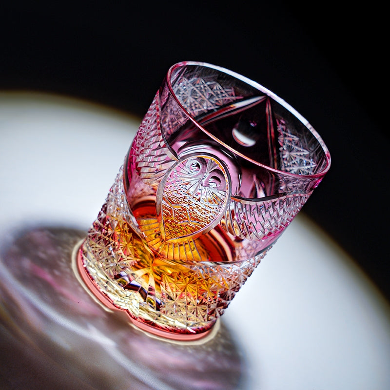 Handcrafted Edo Kiriko Ruby Nocturne whisky glass, Japanese cut crystal tumbler by Viko