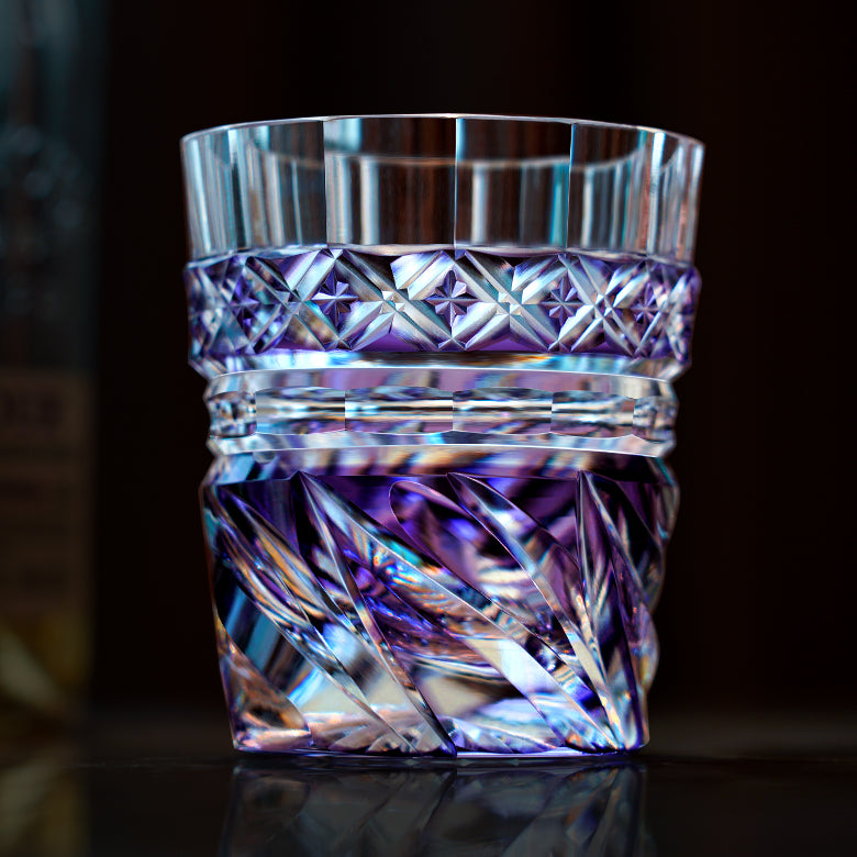 Handcrafted Edo Kiriko Violet Kaze whisky glass, Japanese cut crystal tumbler by Viko