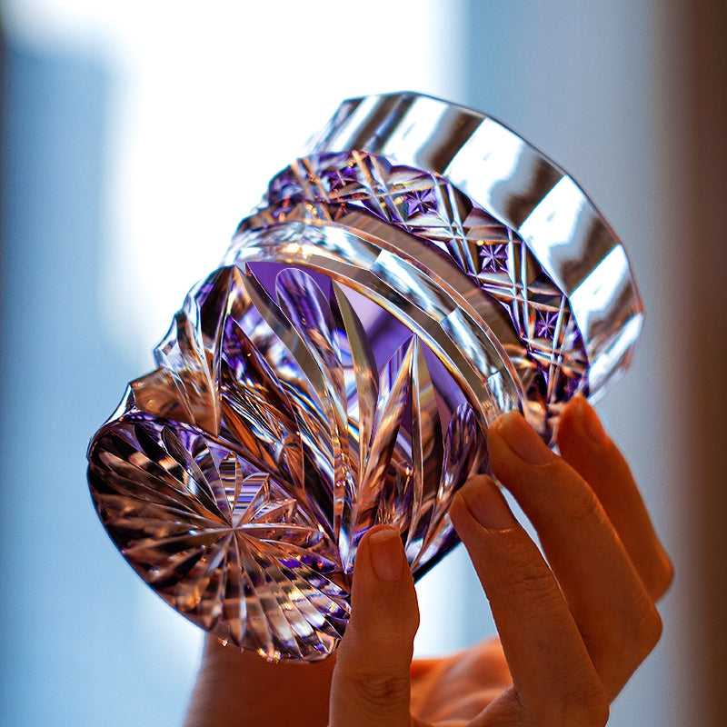 Handcrafted Edo Kiriko Violet Kaze whisky glass, Japanese cut crystal tumbler by Viko