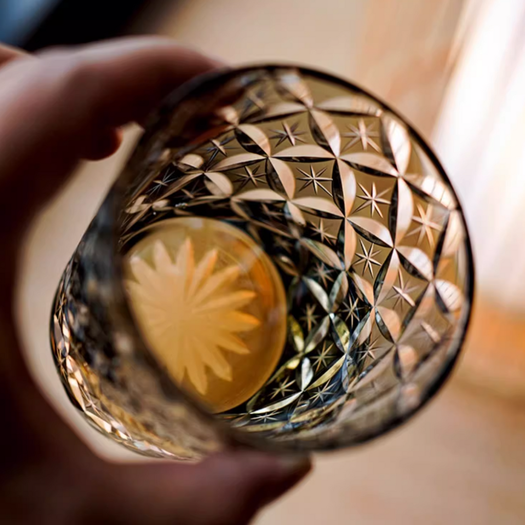Handcrafted Edo Kiriko Asanoha Star whisky glass, Japanese cut crystal tumbler by Viko